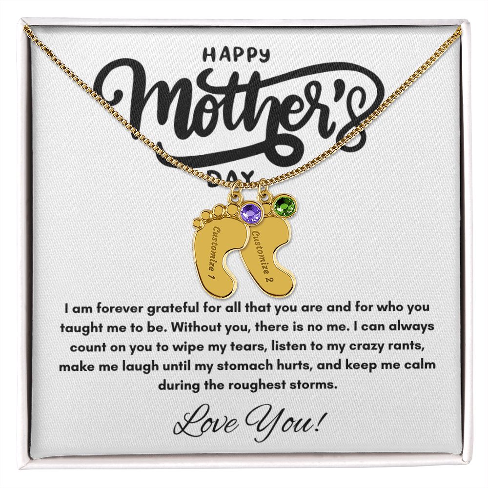 Happy Mother's Day - Forever Grateful - Engraved Baby Feet with Birthstones