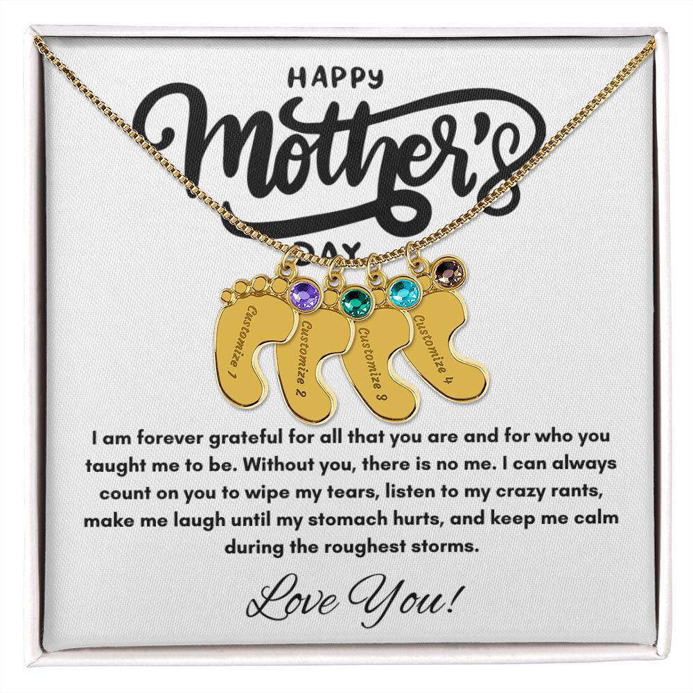 Happy Mother's Day - Forever Grateful - Engraved Baby Feet with Birthstones