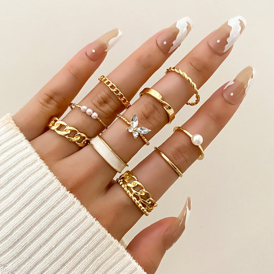 10 Pcs Gold Rhinestone Ring Collection